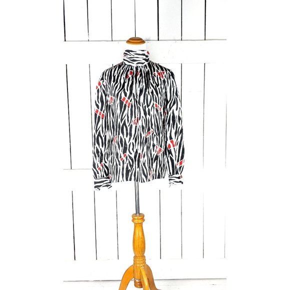 Vintage black white red zebra striped high neck silky billowy blouse - Picture 1 of 4